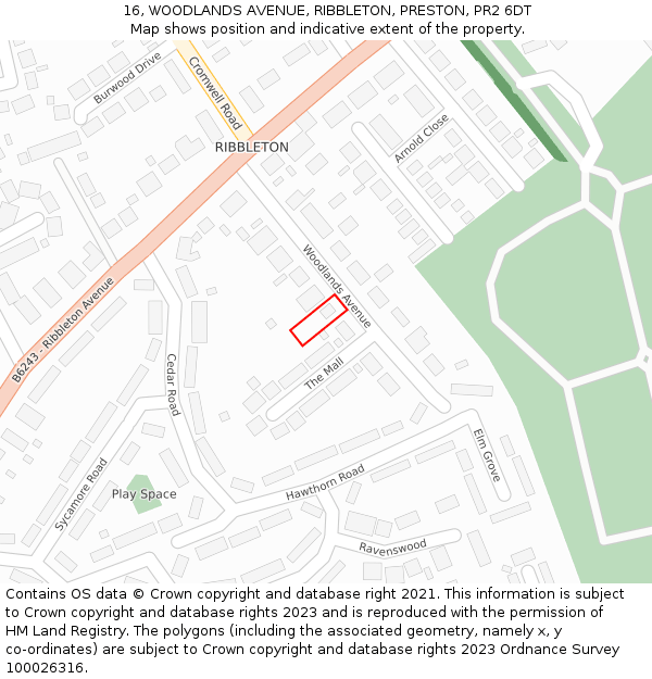 16, WOODLANDS AVENUE, RIBBLETON, PRESTON, PR2 6DT: Location map and indicative extent of plot