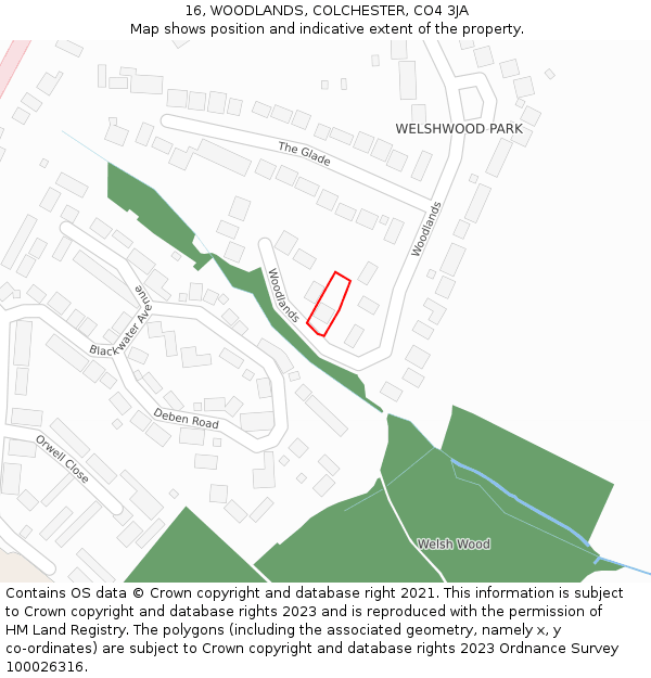 16, WOODLANDS, COLCHESTER, CO4 3JA: Location map and indicative extent of plot