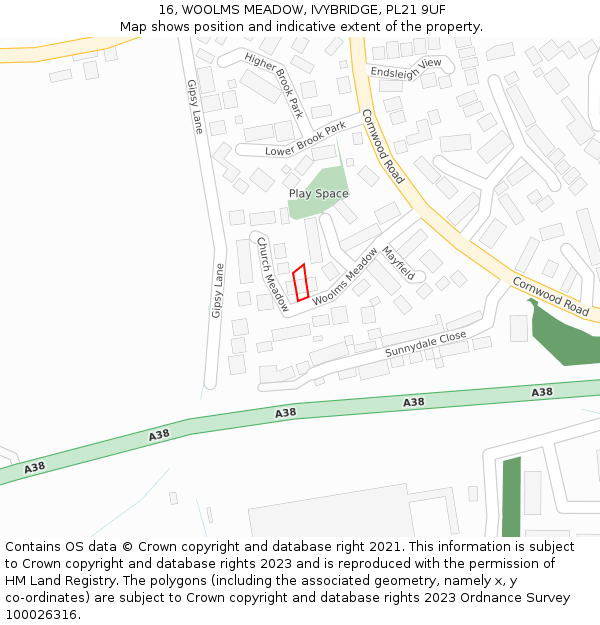16, WOOLMS MEADOW, IVYBRIDGE, PL21 9UF: Location map and indicative extent of plot