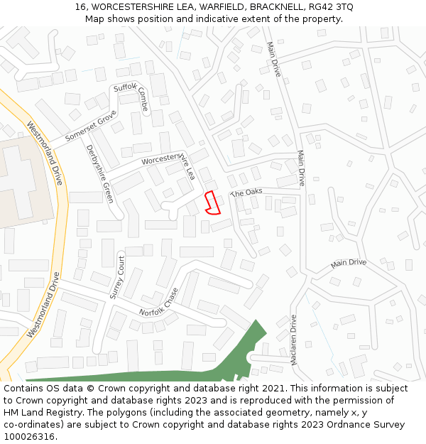 16, WORCESTERSHIRE LEA, WARFIELD, BRACKNELL, RG42 3TQ: Location map and indicative extent of plot