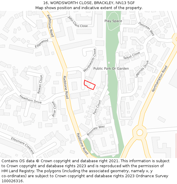 16, WORDSWORTH CLOSE, BRACKLEY, NN13 5GF: Location map and indicative extent of plot