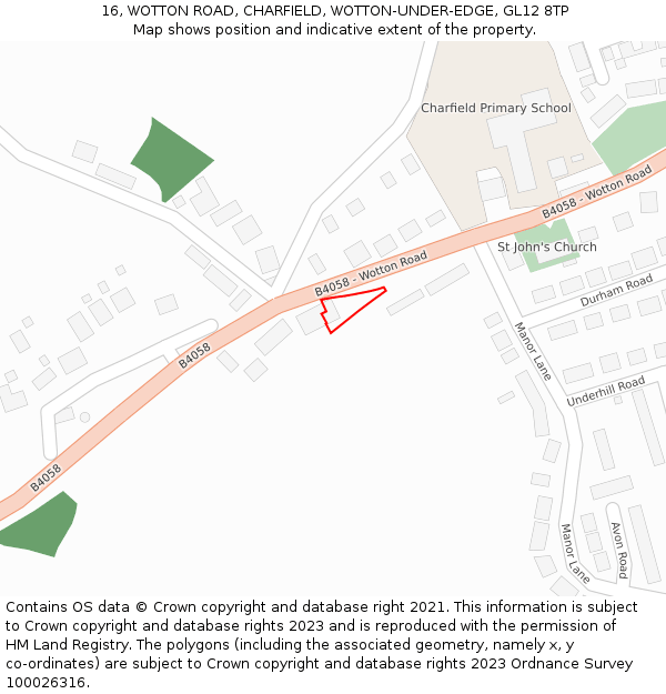 16, WOTTON ROAD, CHARFIELD, WOTTON-UNDER-EDGE, GL12 8TP: Location map and indicative extent of plot