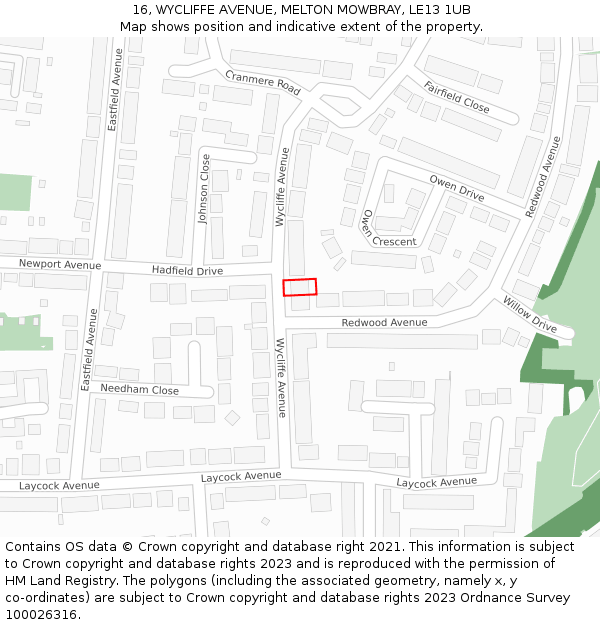 16, WYCLIFFE AVENUE, MELTON MOWBRAY, LE13 1UB: Location map and indicative extent of plot