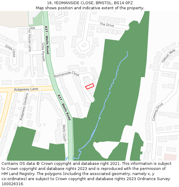 16, YEOMANSIDE CLOSE, BRISTOL, BS14 0PZ: Location map and indicative extent of plot