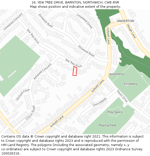 16, YEW TREE DRIVE, BARNTON, NORTHWICH, CW8 4NR: Location map and indicative extent of plot