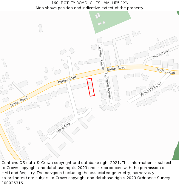 160, BOTLEY ROAD, CHESHAM, HP5 1XN: Location map and indicative extent of plot