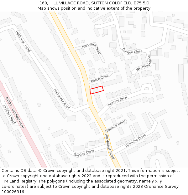 160, HILL VILLAGE ROAD, SUTTON COLDFIELD, B75 5JD: Location map and indicative extent of plot