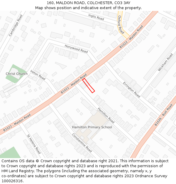 160, MALDON ROAD, COLCHESTER, CO3 3AY: Location map and indicative extent of plot