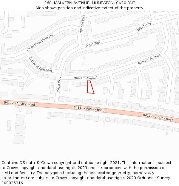 160, MALVERN AVENUE, NUNEATON, CV10 8NB: Location map and indicative extent of plot