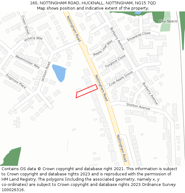 160, NOTTINGHAM ROAD, HUCKNALL, NOTTINGHAM, NG15 7QD: Location map and indicative extent of plot