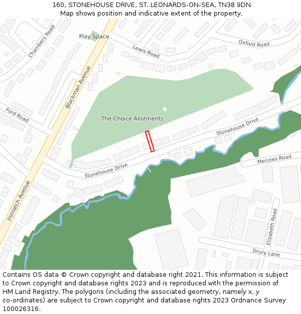 160, STONEHOUSE DRIVE, ST. LEONARDS-ON-SEA, TN38 9DN: Location map and indicative extent of plot