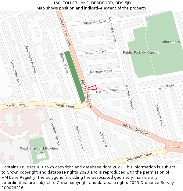 160, TOLLER LANE, BRADFORD, BD9 5JD: Location map and indicative extent of plot