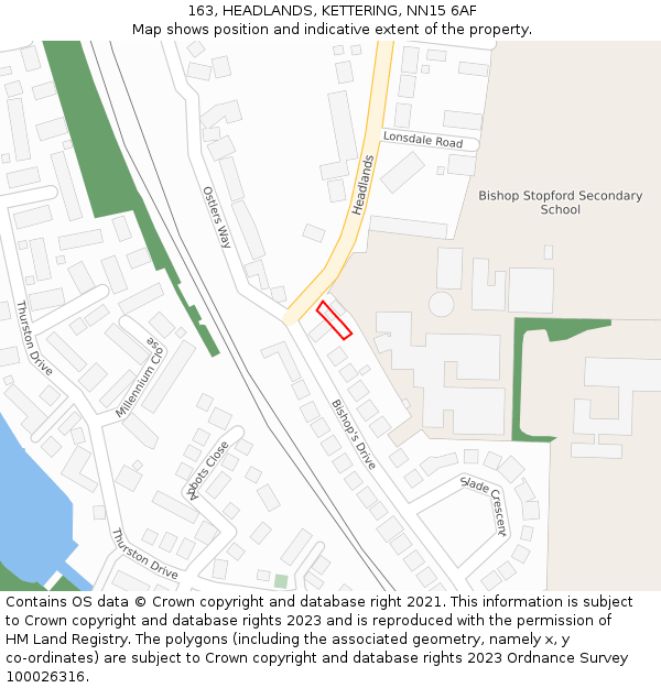 163, HEADLANDS, KETTERING, NN15 6AF: Location map and indicative extent of plot