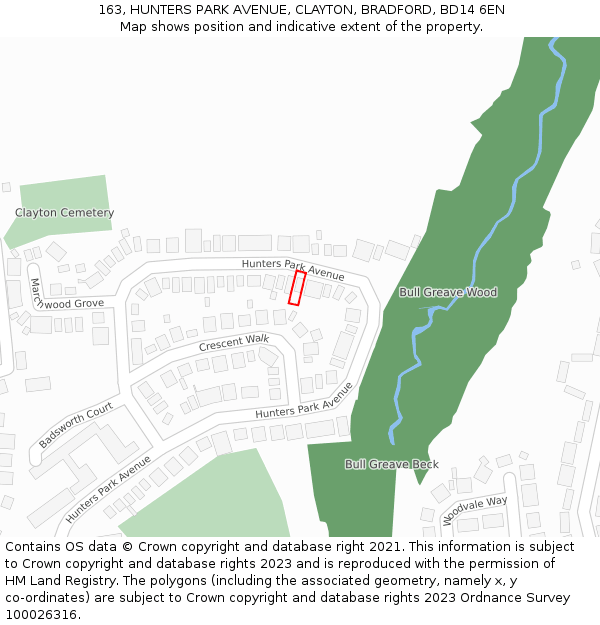 163, HUNTERS PARK AVENUE, CLAYTON, BRADFORD, BD14 6EN: Location map and indicative extent of plot