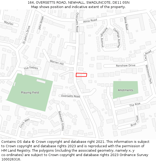 164, OVERSETTS ROAD, NEWHALL, SWADLINCOTE, DE11 0SN: Location map and indicative extent of plot
