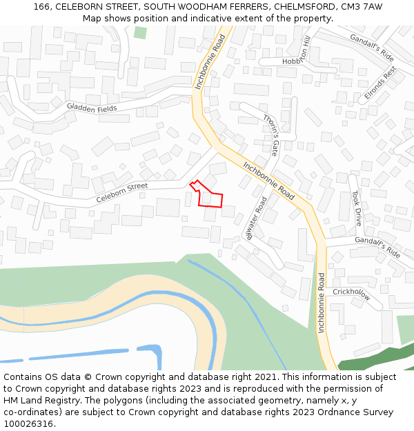 166, CELEBORN STREET, SOUTH WOODHAM FERRERS, CHELMSFORD, CM3 7AW: Location map and indicative extent of plot