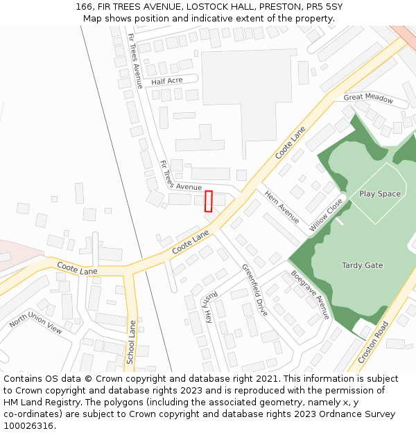 166, FIR TREES AVENUE, LOSTOCK HALL, PRESTON, PR5 5SY: Location map and indicative extent of plot
