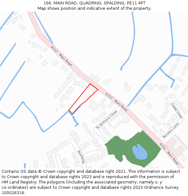 166, MAIN ROAD, QUADRING, SPALDING, PE11 4PT: Location map and indicative extent of plot