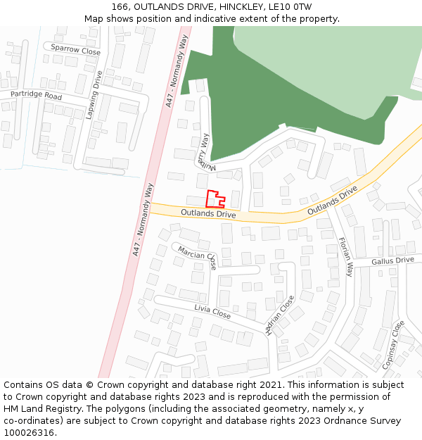 166, OUTLANDS DRIVE, HINCKLEY, LE10 0TW: Location map and indicative extent of plot