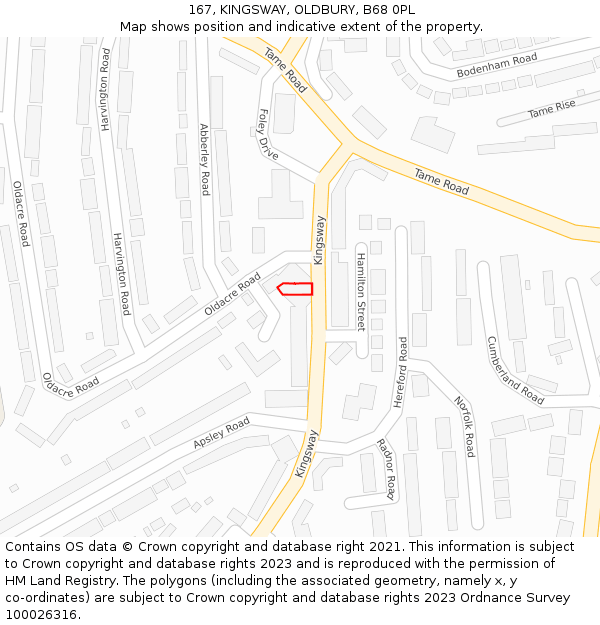 167, KINGSWAY, OLDBURY, B68 0PL: Location map and indicative extent of plot