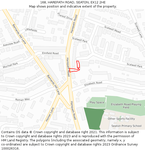 168, HAREPATH ROAD, SEATON, EX12 2HE: Location map and indicative extent of plot