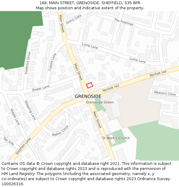 168, MAIN STREET, GRENOSIDE, SHEFFIELD, S35 8PR: Location map and indicative extent of plot