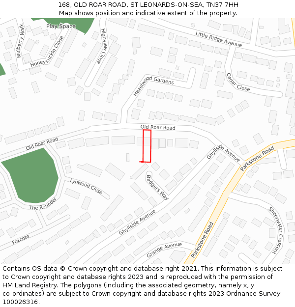 168, OLD ROAR ROAD, ST LEONARDS-ON-SEA, TN37 7HH: Location map and indicative extent of plot