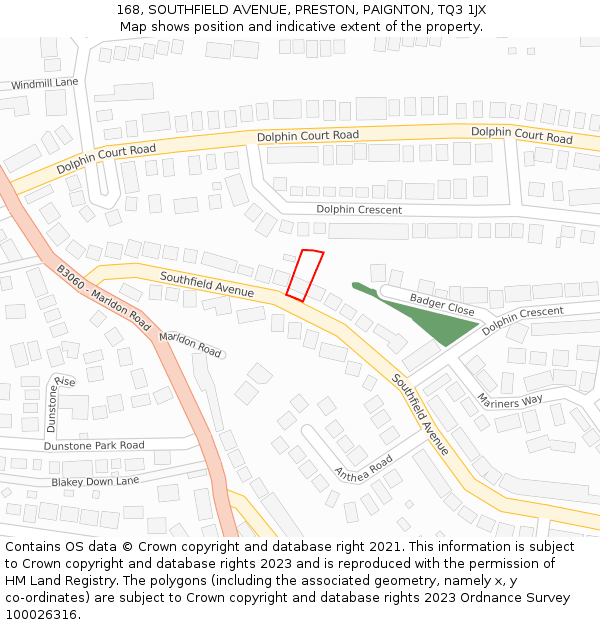 168, SOUTHFIELD AVENUE, PRESTON, PAIGNTON, TQ3 1JX: Location map and indicative extent of plot