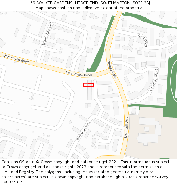 169, WALKER GARDENS, HEDGE END, SOUTHAMPTON, SO30 2AJ: Location map and indicative extent of plot