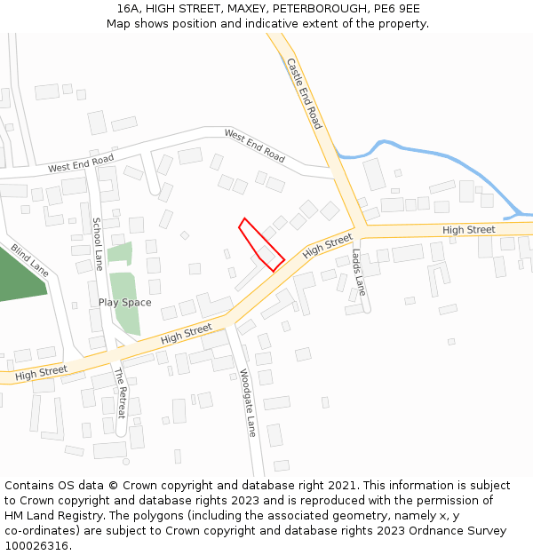 16A, HIGH STREET, MAXEY, PETERBOROUGH, PE6 9EE: Location map and indicative extent of plot