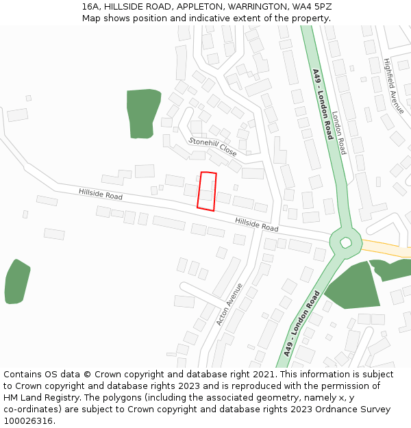 16A, HILLSIDE ROAD, APPLETON, WARRINGTON, WA4 5PZ: Location map and indicative extent of plot