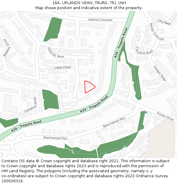 16A, UPLANDS VEAN, TRURO, TR1 1NH: Location map and indicative extent of plot