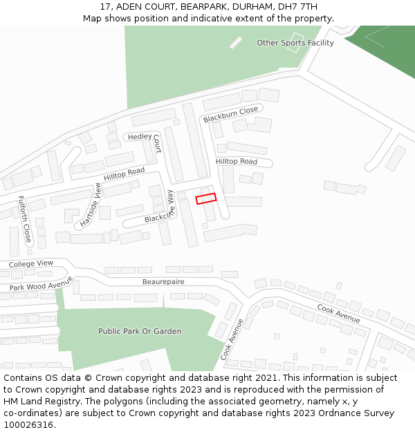 17, ADEN COURT, BEARPARK, DURHAM, DH7 7TH: Location map and indicative extent of plot