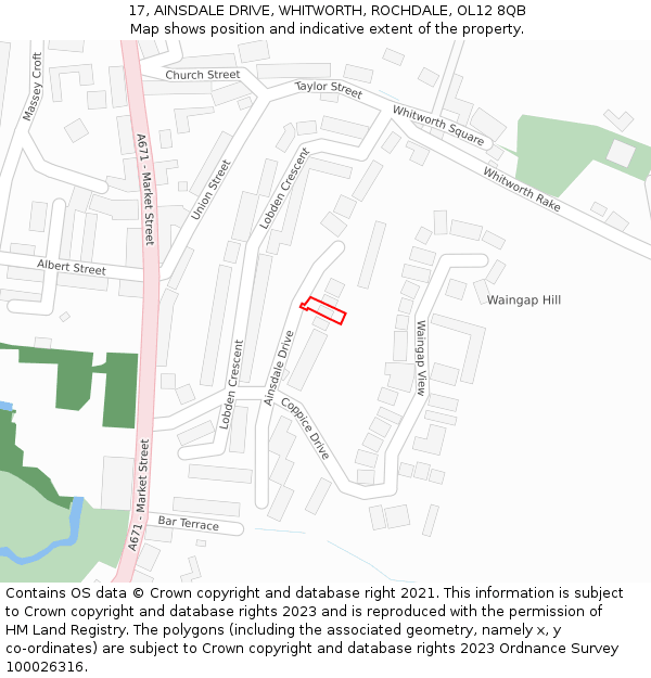 17, AINSDALE DRIVE, WHITWORTH, ROCHDALE, OL12 8QB: Location map and indicative extent of plot