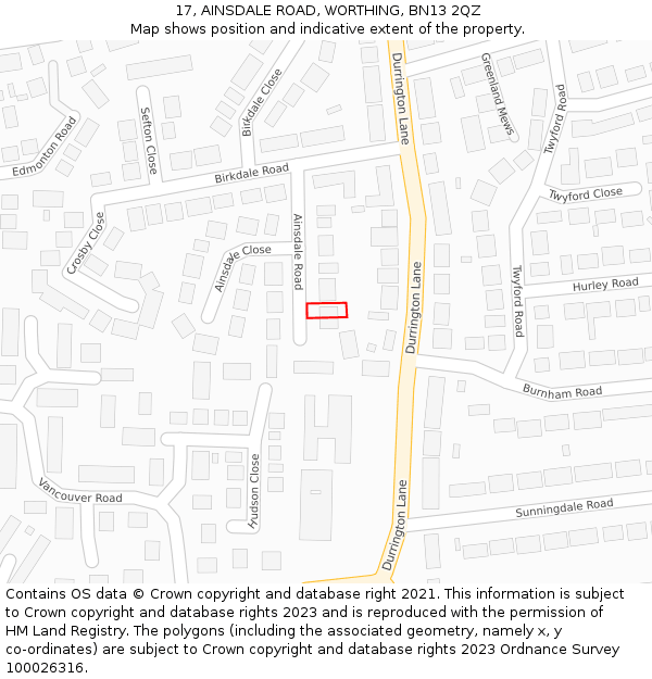 17, AINSDALE ROAD, WORTHING, BN13 2QZ: Location map and indicative extent of plot