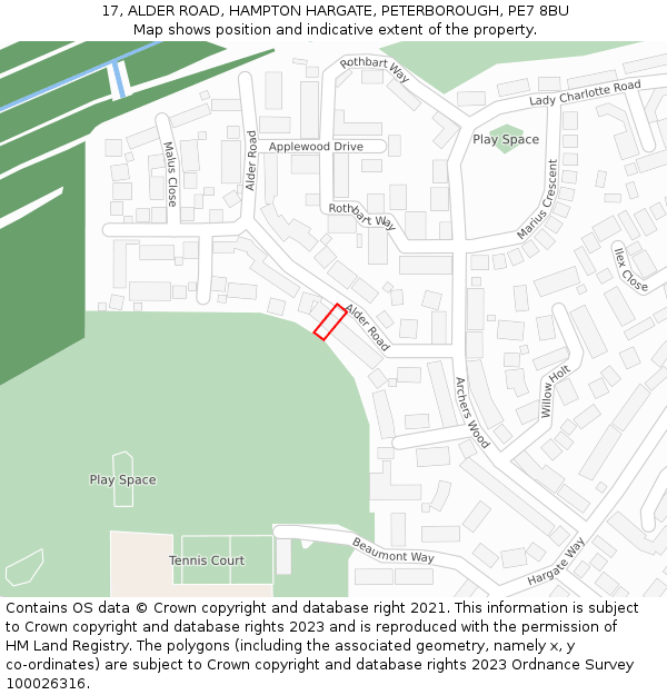 17, ALDER ROAD, HAMPTON HARGATE, PETERBOROUGH, PE7 8BU: Location map and indicative extent of plot
