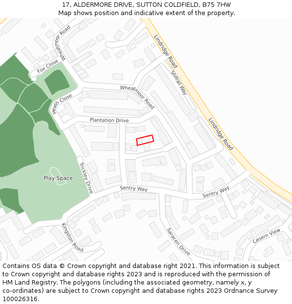 17, ALDERMORE DRIVE, SUTTON COLDFIELD, B75 7HW: Location map and indicative extent of plot
