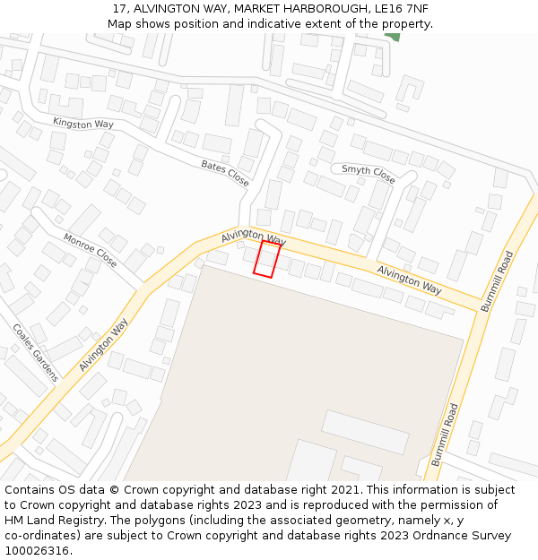 17, ALVINGTON WAY, MARKET HARBOROUGH, LE16 7NF: Location map and indicative extent of plot