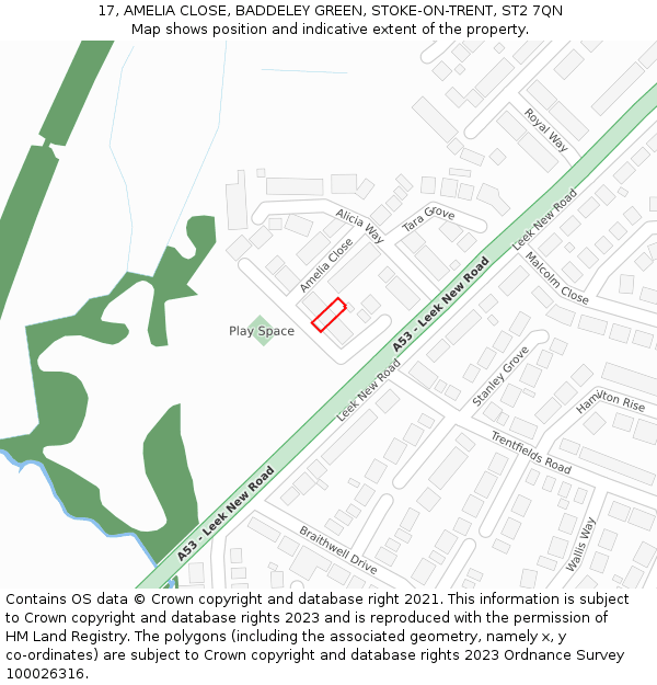 17, AMELIA CLOSE, BADDELEY GREEN, STOKE-ON-TRENT, ST2 7QN: Location map and indicative extent of plot