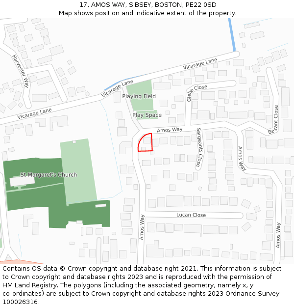 17, AMOS WAY, SIBSEY, BOSTON, PE22 0SD: Location map and indicative extent of plot