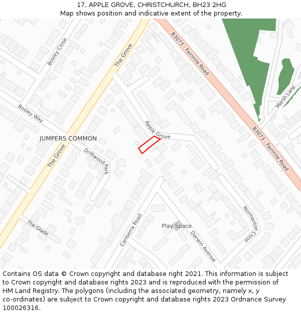 17, APPLE GROVE, CHRISTCHURCH, BH23 2HG: Location map and indicative extent of plot