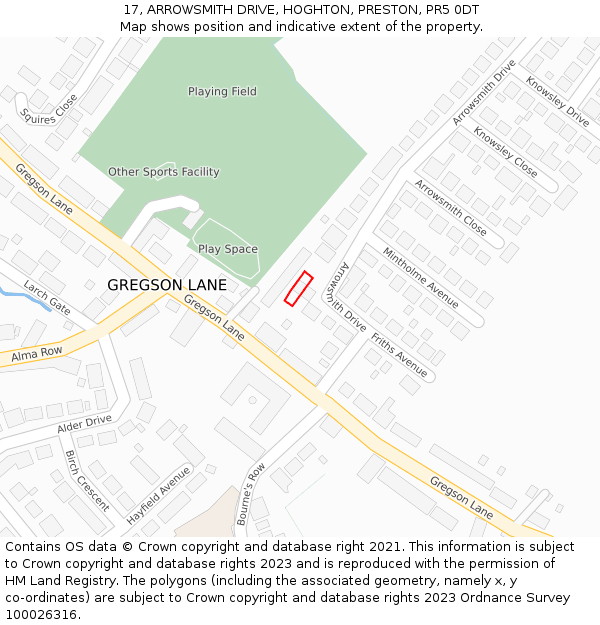 17, ARROWSMITH DRIVE, HOGHTON, PRESTON, PR5 0DT: Location map and indicative extent of plot