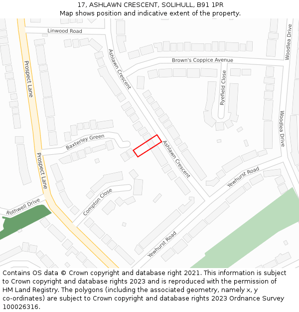17, ASHLAWN CRESCENT, SOLIHULL, B91 1PR: Location map and indicative extent of plot