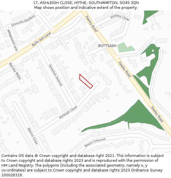 17, ASHLEIGH CLOSE, HYTHE, SOUTHAMPTON, SO45 3QN: Location map and indicative extent of plot