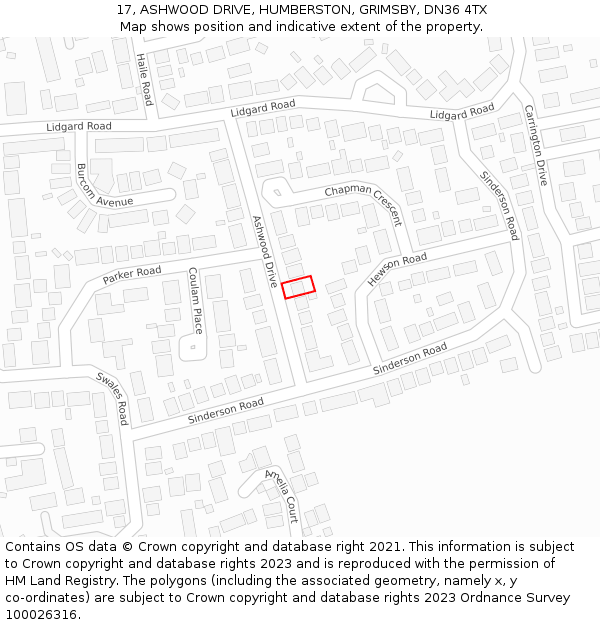 17, ASHWOOD DRIVE, HUMBERSTON, GRIMSBY, DN36 4TX: Location map and indicative extent of plot