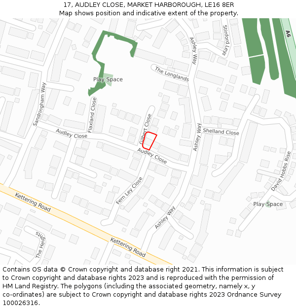 17, AUDLEY CLOSE, MARKET HARBOROUGH, LE16 8ER: Location map and indicative extent of plot