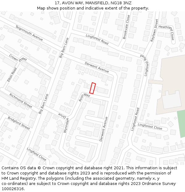 17, AVON WAY, MANSFIELD, NG18 3NZ: Location map and indicative extent of plot