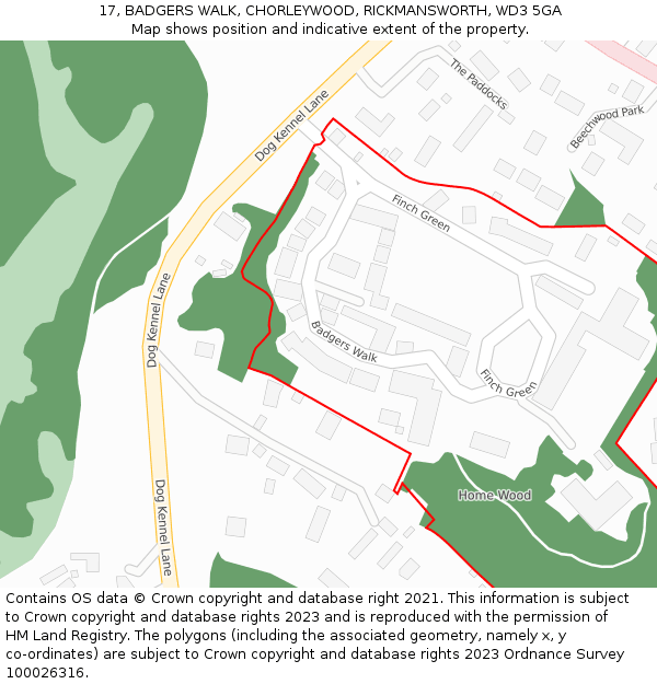 17, BADGERS WALK, CHORLEYWOOD, RICKMANSWORTH, WD3 5GA: Location map and indicative extent of plot