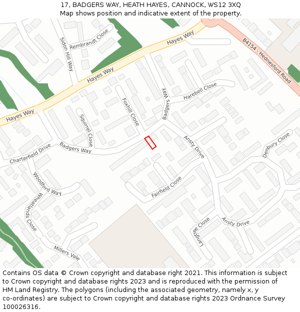 17, BADGERS WAY, HEATH HAYES, CANNOCK, WS12 3XQ: Location map and indicative extent of plot