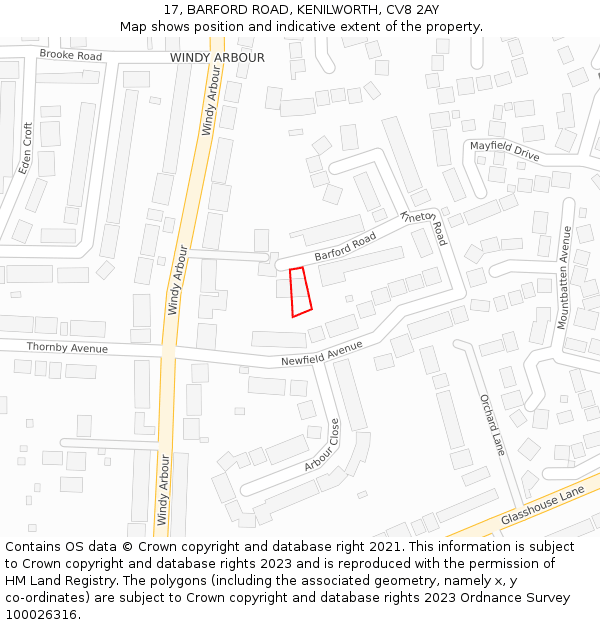 17, BARFORD ROAD, KENILWORTH, CV8 2AY: Location map and indicative extent of plot